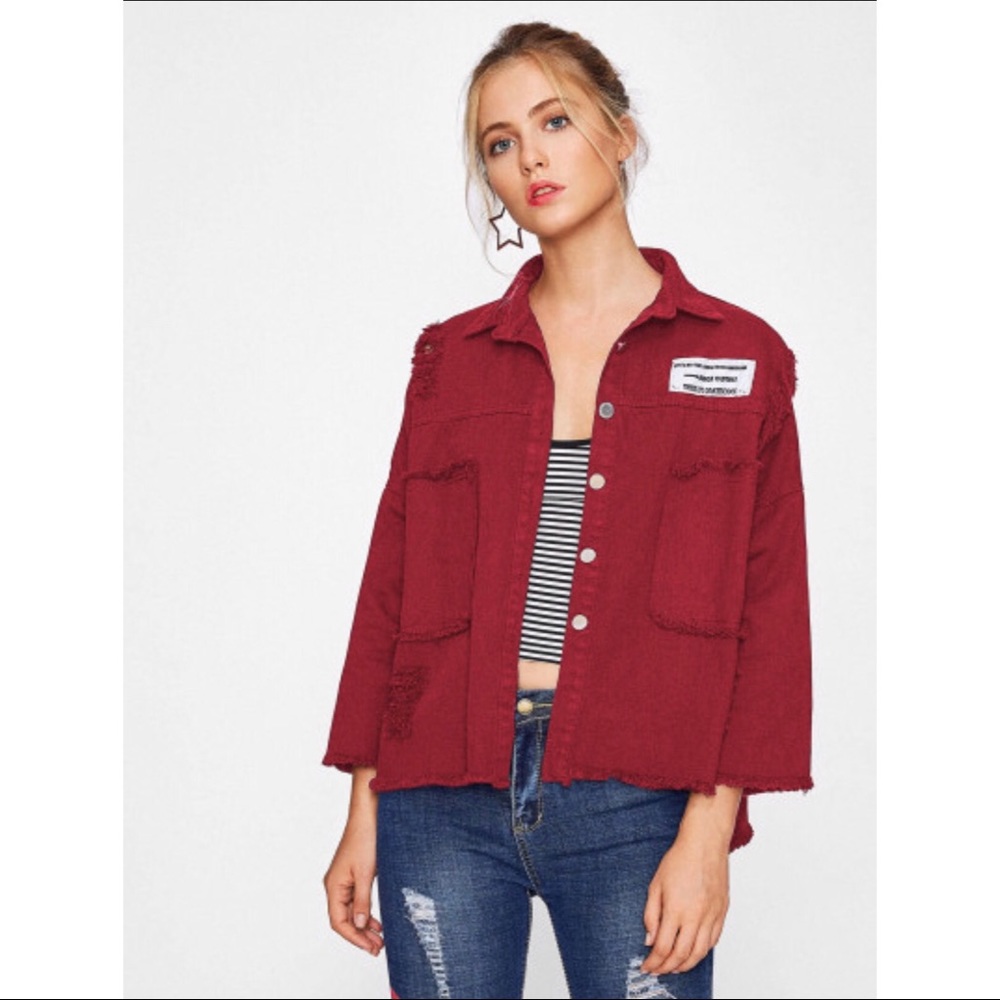 Drop Shoulder Patch Back Distressed Jacket - Picture 3 of 4